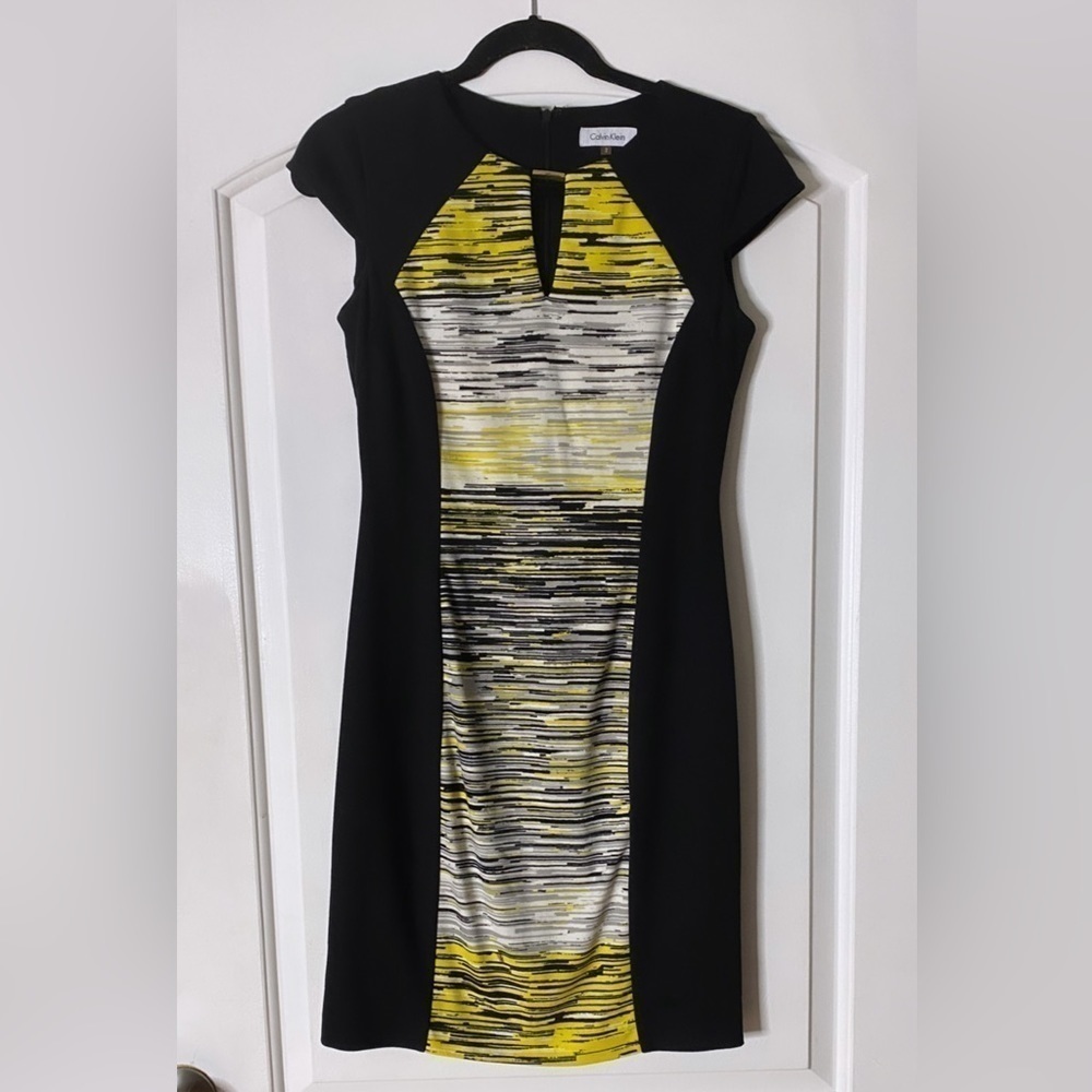 Calvin Klein 2 Black Sheath Dress Yellow Scribble Slimming Panel Color Block